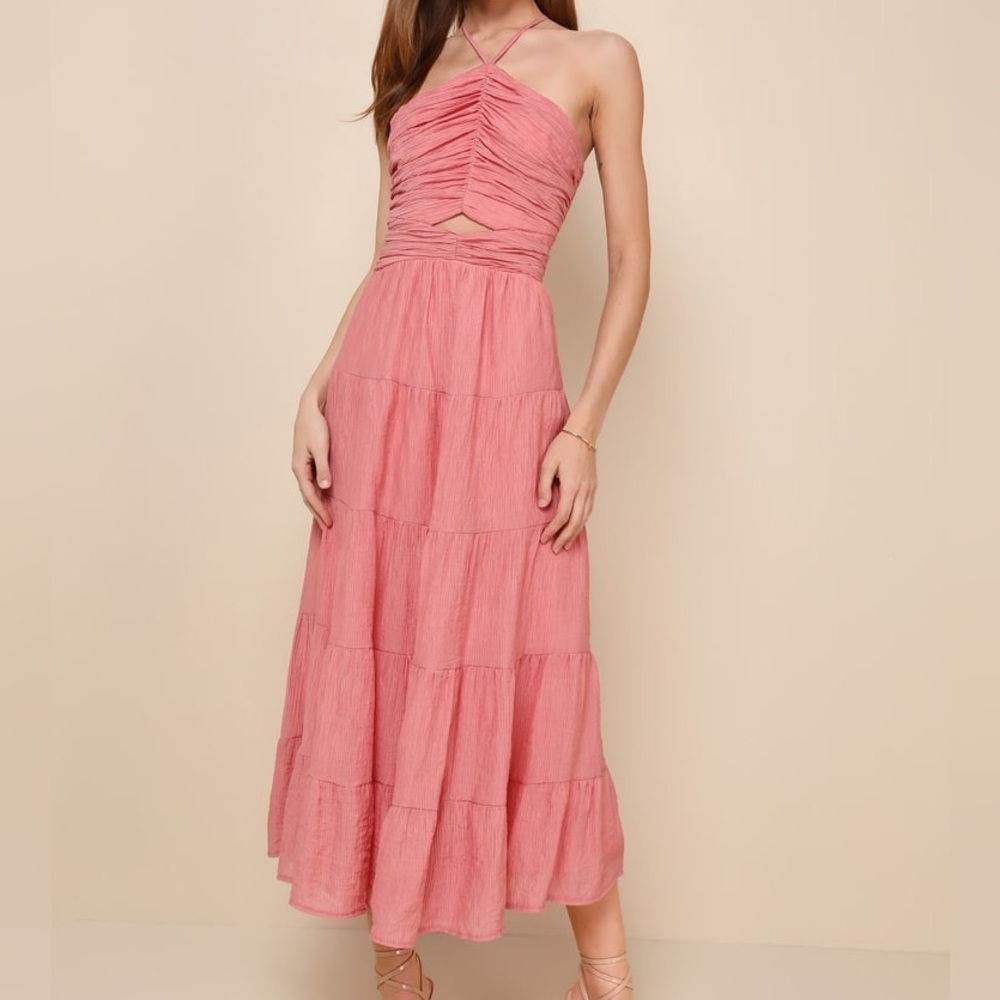 Effortless Sweetness Rusty Rose Ruched Lace-Up Tiered Midi Dress